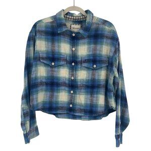 American Eagle Womens Large Blue Plaid Long Sleeve Cropped Flannel Shirt